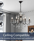 Black Finish Crystal Candle Candelabra Chandelier With Six Light LED Pendant Fixture in elegant dining room setting.