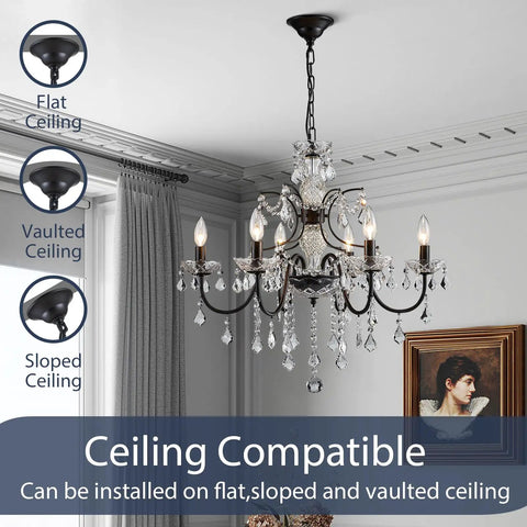 Black Finish Crystal Candle Candelabra Chandelier With Six Light LED Pendant Fixture in elegant dining room setting.