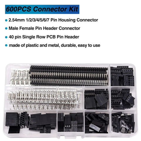 600-piece kit with 2.54mm pin headers and connectors from Dupont Crimping Tool Kit With 600 Pieces Of 2.54mm Dupont Connectors.