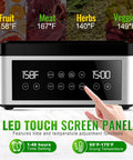 No Stress Food Dehydrator With Eight Stainless Steel Trays Smart Digital Timer displaying temperature settings on LED panel.