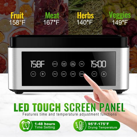 No Stress Food Dehydrator With Eight Stainless Steel Trays Smart Digital Timer displaying temperature settings on LED panel.