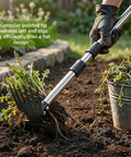 Close-up of 2-In-1 Weed Puller Tool With Long Handle, Dual-Head Garden Hoe and Weeder uprooting weeds in garden soil.