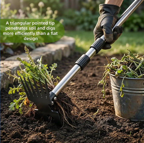 Close-up of 2-In-1 Weed Puller Tool With Long Handle, Dual-Head Garden Hoe and Weeder uprooting weeds in garden soil.