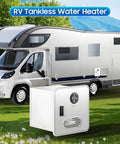12 Volt Propane Tankless Water Heater For RV Camper, compact design alongside an RV for efficient hot water service.