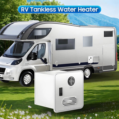 Instant On Tankless Propane Water Heater For Campers Rv next to RV in a green outdoor setting, designed for hot showers.