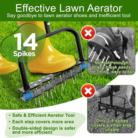 Heavy Duty Manual Lawn Aerator Tool With Fourteen Iron Spikes For Quick Soil Aeration comparison with shoe model