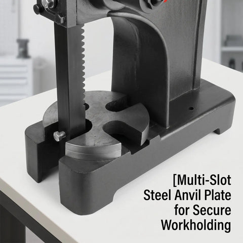 3 Ton Manual Arbor Press Built Like A Tank Heavy Duty Desktop Hand Press With Robust Cast Iron Construction And 12 Inch Work Height For No Sweat Stamping Bending And Precision Forming Operations showing multi-slot steel anvil plate.