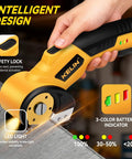 Heavy Duty Electric Box Cutter With 3000Mah Rechargeable Battery And Four Sharp Blades, showing safety lock and LED light features.