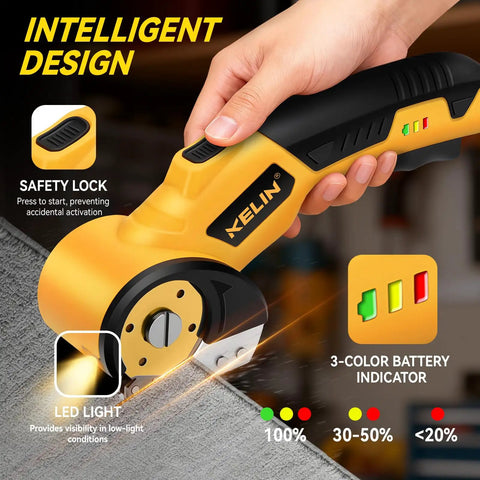 Heavy Duty Electric Box Cutter With 3000Mah Rechargeable Battery And Four Sharp Blades, showing safety lock and LED light features.