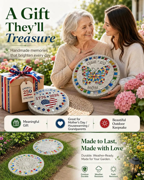 Two women displaying Kids DIY Stepping Stones Kit With 3 10 Inch Round Molds, 370 Plus Mosaic Tiles, decorated outdoor stones.