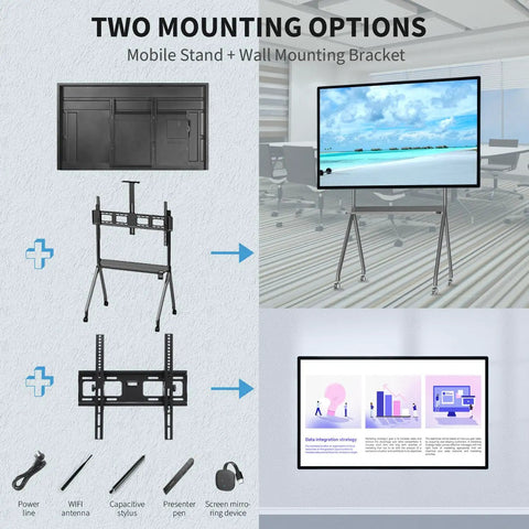 Two mounting options for Next Level 98 Inch Touchscreen Monitor and Interactive Smart Board with mobile stand and wall bracket.