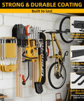 Beefed Up Garage Tool Organizer With Six Double Layer Hooks And Extended 49.5 Inch Wall Mounts Made From Powder Coated Steel To Hoist Long Handled Yard Gear And Shop Kit That Handles Up To 440 Lbs Like A Champ, showcasing tools and bike on wall.