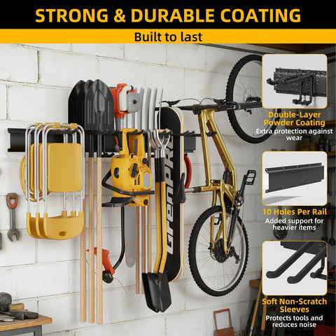 Beefed Up Garage Tool Organizer With Six Double Layer Hooks And Extended 49.5 Inch Wall Mounts Made From Powder Coated Steel To Hoist Long Handled Yard Gear And Shop Kit That Handles Up To 440 Lbs Like A Champ, showcasing tools and bike on wall.