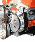 SBC Power Steering Pump Bracket in billet aluminum on 350 Small Block Chevy engine, low driver side mount with slotted arm.