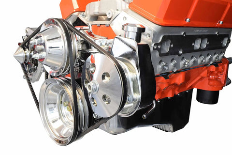 SBC Power Steering Pump Bracket in billet aluminum on 350 Small Block Chevy engine, low driver side mount with slotted arm.