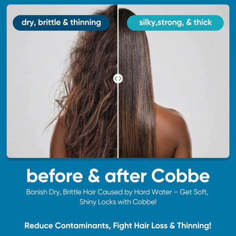 Cobbe filtered shower head in chrome; side-by-side before-and-after hair comparison, left frizzy, right smooth.