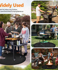 Four scenes showing the 48 Inch Round Fire Pit Mat For Outdoor Pits And Grills 1800 F Fireproof DoubleSided Silicone Coating With Fiberglass Under Mat OilProof And WaterResistant Deck Patio Grass Friendly Fire Pit Accessory protecting decks and patios.