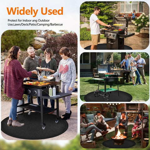 Four scenes showing the 48 Inch Round Fire Pit Mat For Outdoor Pits And Grills 1800 F Fireproof DoubleSided Silicone Coating With Fiberglass Under Mat OilProof And WaterResistant Deck Patio Grass Friendly Fire Pit Accessory protecting decks and patios.