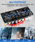 Eight Gang Marine Switch Panel Waterproof Pre-Wired Rocker Panel With Blue LED Lights shown with water resistance feature