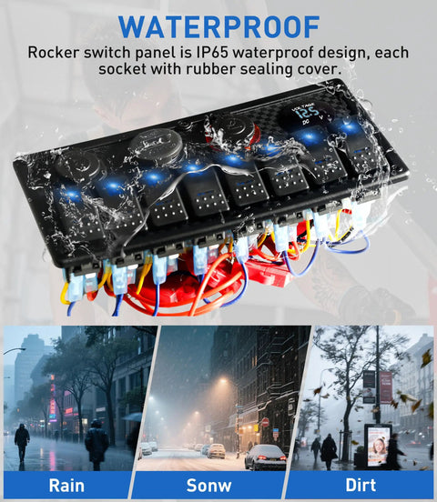 Eight Gang Marine Switch Panel Waterproof Pre-Wired Rocker Panel With Blue LED Lights shown with water resistance feature