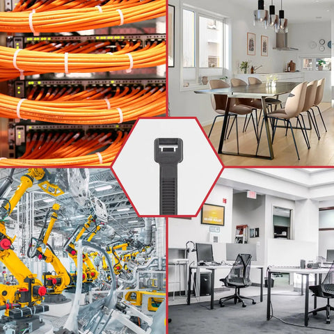 Heavy Duty Zip Ties 500 Pack Black Cable Ties In 8, 12, 14, 18 Inch Sizes, Ultra Strong 220 Lb Tensile Strength, Industrial Plastic Tie Wrap For Indoor Outdoor Cord Management And DIY Projects shown securing cables and equipment in various settings.