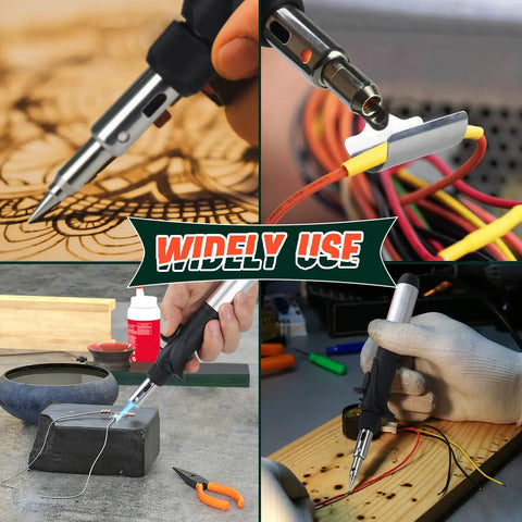 Butane Soldering Iron Kit With Self Ignition, Adjustable Flame Up To 2372 F used on electronics and woodburning projects.
