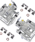 Two silver disc brake caliper assemblies with brackets and hardware for Honda/Acura rear driver and passenger sides