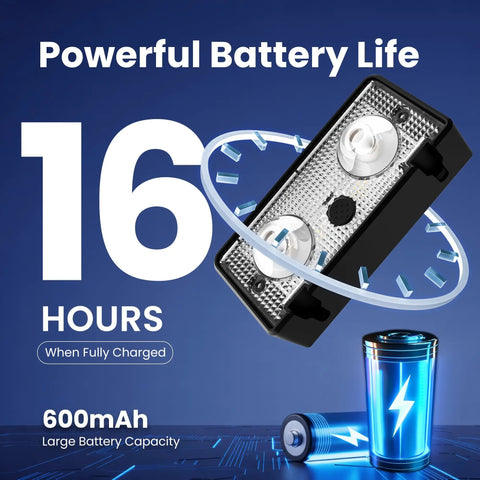 Outdoor Solar Fence Lights 16 Pack With 9 Color Options And 11 Modes 50 Lumens LED showing 600mAh battery and 16-hour life