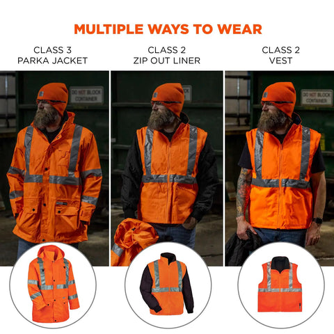 Year Round High Visibility 4 In 1 Safety Jacket With Removable Sleeves Orange ANSI Class 3 Reflective Gear multiple styles
