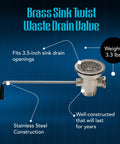 Brass Sink Drain Valve With Twist Handle Kit Includes Stainless Steel Strainer Plunger And Flange For 3.5 Inch Commercial Drains