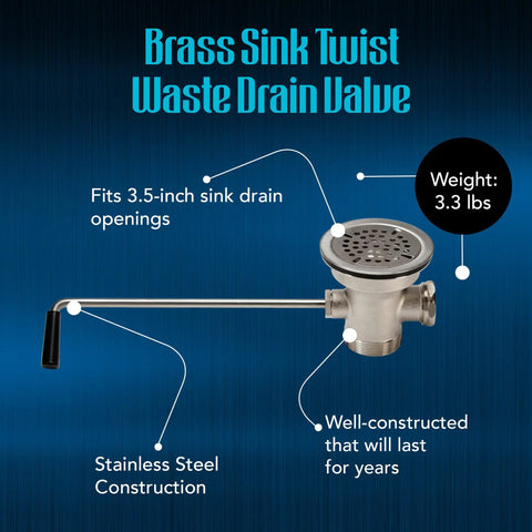 Brass Sink Drain Valve With Twist Handle Kit Includes Stainless Steel Strainer Plunger And Flange For 3.5 Inch Commercial Drains