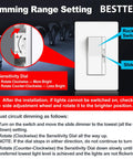 Buzz Free 6 Pack Dimmer Switch Slick Quiet Operation Single Pole And Three Way Wiring Fits Snug In Walls Works Flawlessly With Led Cfl And Halogen Lights Fast Setup showing sensitivity dial and slider settings.