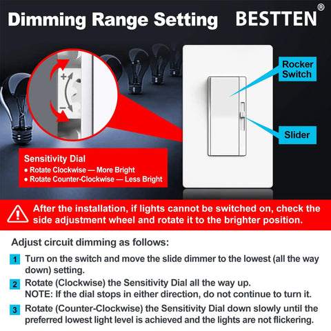 Buzz Free 6 Pack Dimmer Switch Slick Quiet Operation Single Pole And Three Way Wiring Fits Snug In Walls Works Flawlessly With Led Cfl And Halogen Lights Fast Setup showing sensitivity dial and slider settings.