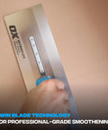 UltraFlex Pro Finishing Trowel 14 Inch 355 X 110 Mm for smooth plaster and concrete surfaces with comfort grip handle in use.