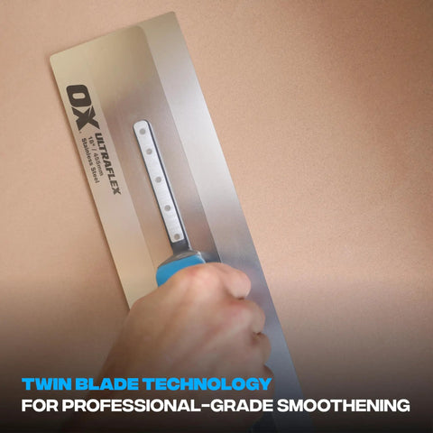 UltraFlex Pro Finishing Trowel 14 Inch 355 X 110 Mm for smooth plaster and concrete surfaces with comfort grip handle in use.