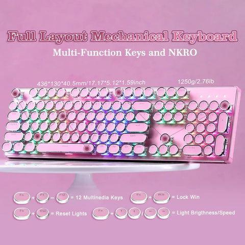 Pink Retro Mechanical Gaming Keyboard Boss Level Design Featuring Classic Typewriter Layout And Solid Steel Chassis Delivers snappy click feel with multi-function keys.