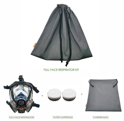 Full Face Respirator Mask for Organic Vapors and Paint Fumes with Dual Cartridges, Comfortable Fit, Easy Breathing, Anti Fog, Includes Carry Bag and One Pair Filter Cartridges for Dustproof Protective Gear displayed with components and carry bag.