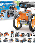 Solar Building Robot Kit 15 In 1 For Kids Ages 8 To 13 A Hands On STEM Gift That Feels Like Cool Tech Learn Solar Power Robotics Engineering And Introductory Coding With This Screen Free Build Kit, gray-orange robot with box and 15 builds