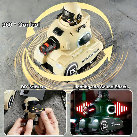 2 Pack Infrared RC Battle Tanks With Realistic Sound Effects, showing tank with 360° control, stickers, lighting effects