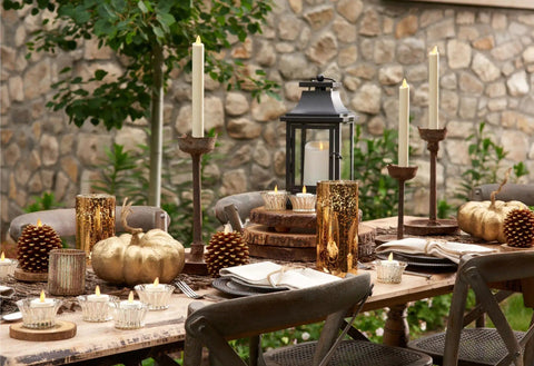 Outdoor table setting with Flameless Flickering Tealights In Pearl Ivory Set Of 4 Realistic LED Flame Battery Operated Votive Candles