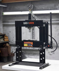 10 Ton Adjustable Benchtop Hydraulic Shop Press for Garage Use with pressure gauge and manual hand pump on workbench