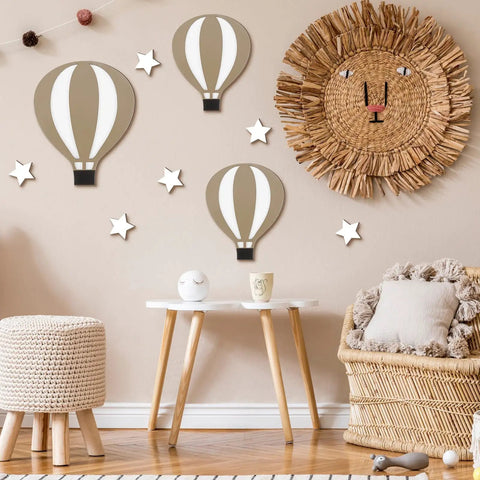 Nine Piece Boho Hot Air Balloon Nursery Wall Decor Kit With Wooden Signs And Star Shapes Comes With 100 Clear Adhesive Dots