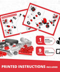 Creative Builder STEM Kit with 51 precision pieces and instruction booklet showing vehicle model assembly