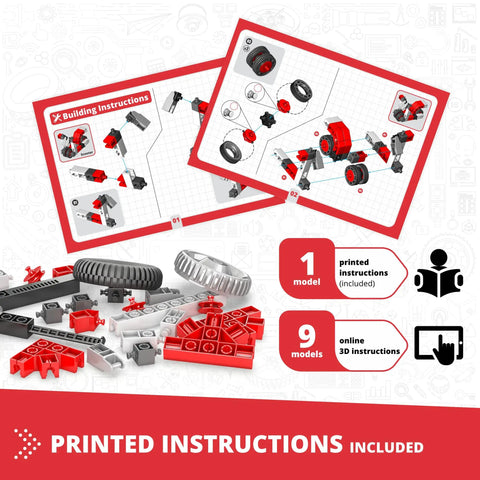 Creative Builder STEM Kit with 51 precision pieces and instruction booklet showing vehicle model assembly
