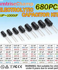 Must Have 680 Piece Electrolytic Capacitor Kit With 24 Sizes Ranging From 0.1uF To 1000uF In 16V 25V And 50V Aluminum Radial Lead