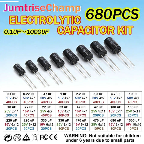 Must Have 680 Piece Electrolytic Capacitor Kit With 24 Sizes Ranging From 0.1uF To 1000uF In 16V 25V And 50V Aluminum Radial Lead