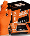 Tough As Nails Industrial Orange Nitrile Work Gloves With Solid Eight Mil Thickness And Raised Diamond Texture For Heavy Duty Jobs Chemical Resistant Latex Powder Free Secure Large Hands Fit Comfort One Hundred Count Pack, shown in a box.