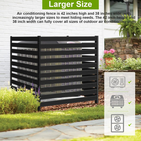 Outdoor AC Unit Fence Screen Set, 3 Panels, 42 Inch Tall By 38 Inch Wide Privacy Fence with black metal panels, garden view