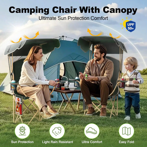 Couple sitting on Canopy Camping Chair Foldable With Sun Shade For Beach And Outdoors, olive green, tent in background