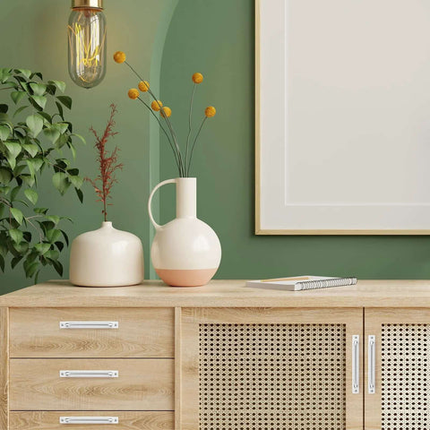 Modern dresser with decorative vases and 8 Pack Barn Door Handles For Closets And Sliding Doors Seven And A Half Inch Center To Center Silver Zinc Alloy Cabinet Pulls With Smooth Finish.